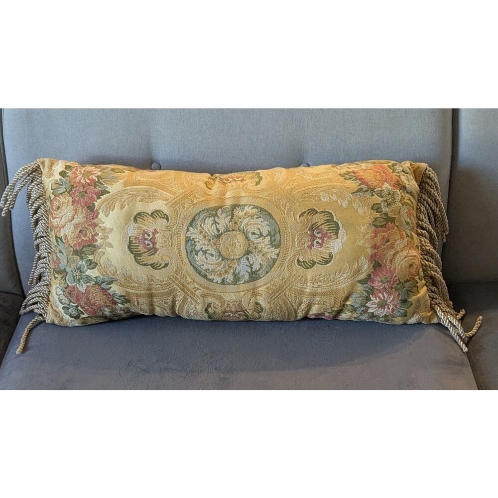 Newport Lumbar Bolster Pillow Yellow Floral Fringe Elegant Traditional 24 X 10"